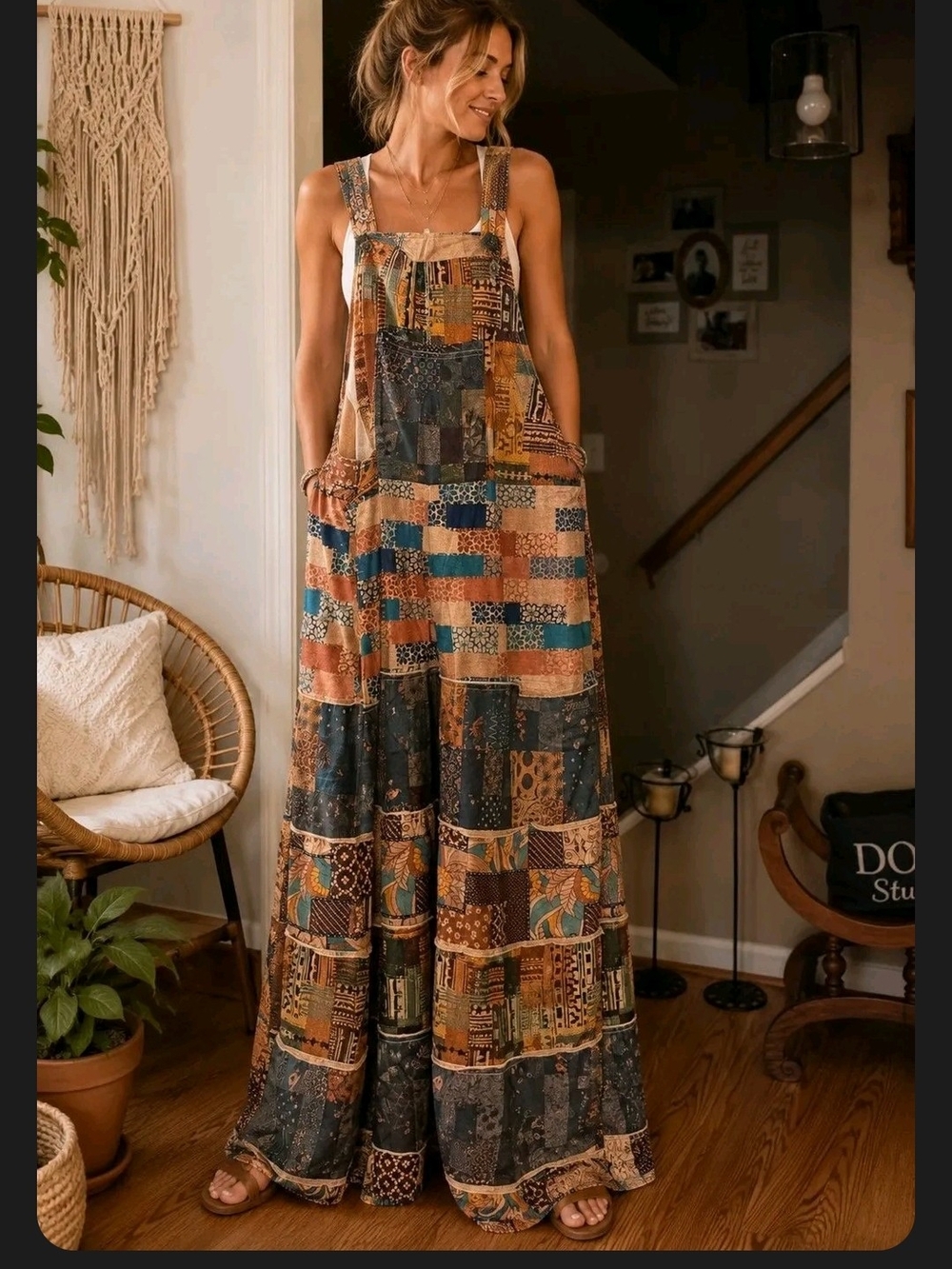 Patchwork Wide-Leg Boho Jumpsuit in Multicolor Earth Tones